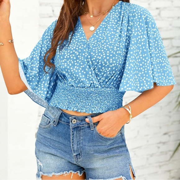 Sky Blue Patterned Surplice Smocked Waist Boho Top - Picture 3 of 5